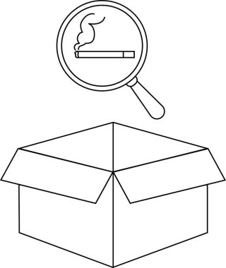 Açık bir kutunun üstündeki büyüteçin altında sigara dumanı olan siyah beyaz bir çizgi..