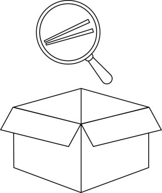 Açık bir kutunun üzerine yerleştirilmiş büyüteç altındaki yemek çubuklarının siyah beyaz çizgisi basit ama ilgi çekici bir görsel çizim yaratıyor..