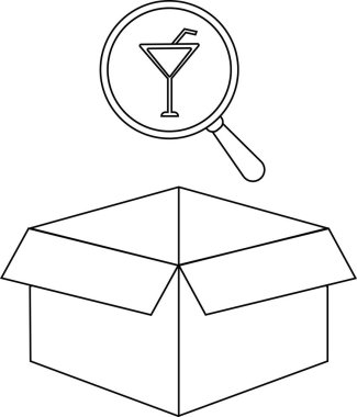 Üzerinde kokteyl ikonu olan bir büyüteç açık bir kutunun üzerinde süzülür, mükemmel bir içecek veya kokteyl tarifi arayışını sembolize eder..