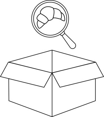 Büyüteç altında bir kruvasan çizimi, açık bir karton kutunun üzerine yerleştirilmiş,.