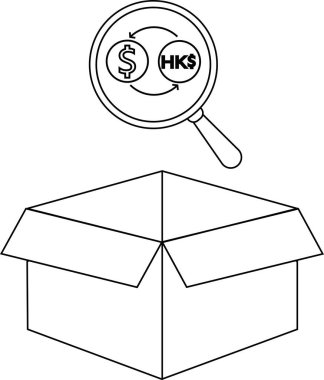 Açık bir kutunun üzerindeki büyüteçle bir döviz döviz sembolü inceleniyor. Bu da mali analiz veya soruşturma öneriyor..