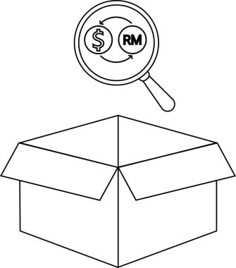 Finansal ya da ticari kavramlar için uygun para değişimi gösteren büyüteçle bir kutunun siyah-beyaz çizimi.