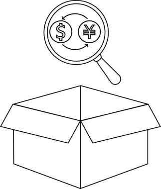 Açık bir kutunun üzerindeki dolar ve yen sembollerini inceleyen bir büyüteç ile para değişimi konsepti, mali analizi sembolize ediyor..