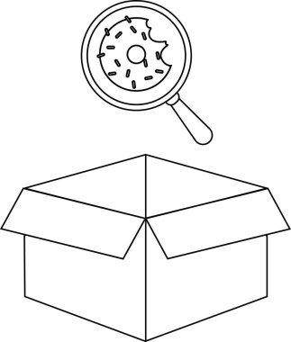 Açık bir kutunun üzerindeki büyüteç altındaki bir çöreğin siyah beyaz çizimi boyama kitapları ya da eğitim malzemeleri için mükemmel..