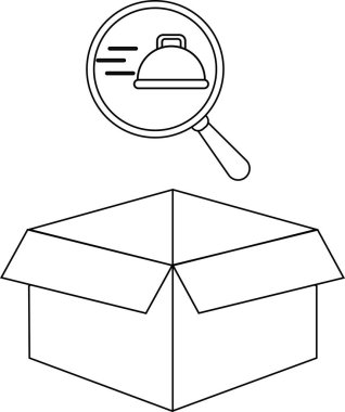 Açık bir kutunun üzerinde yiyecek saatinin üzerinde süzülen büyüteçle besin teftişini ve kalite kontrolünü sembolize eden bir çizgi çizgisi çizimi..