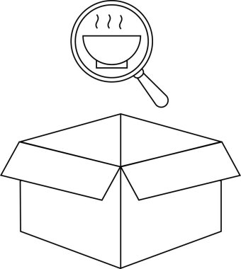 Bir kutu dolusu yiyeceğe odaklanmış büyüteçle siyah beyaz bir illüstrasyon..