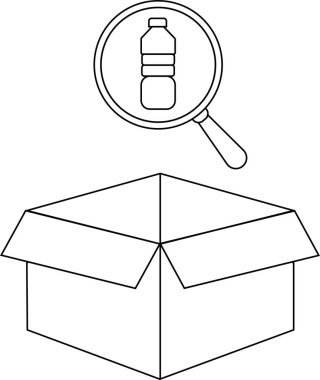 Üzerinde büyüteç olan bir kutuyu gösteren siyah beyaz bir illüstrasyon. İçindeki şişeye odaklanıyor..