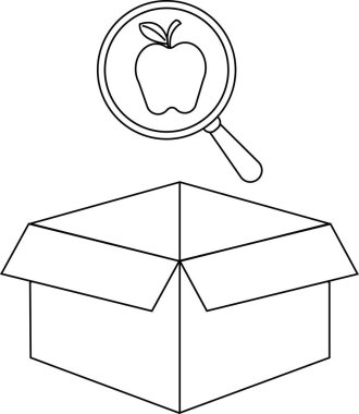 Bir siyah beyaz çizim, açık bir kutunun üzerine yerleştirilmiş bir büyüteç altındaki elmayı tasvir eder, teftişi veya keşfi sembolize eder..