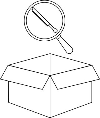 Açık bir karton kutunun içeriğini inceleyen bir büyüteç resmi, basit bir çizgi sanatı..