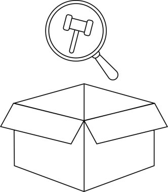 Üzerinde büyüteç olan açık bir kutu, tokmağı gösteriyor, yasal teftişi veya soruşturmayı simgeliyor..