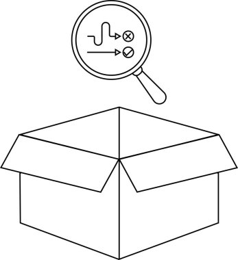 Üzerinde büyüteç olan açık bir kutu. İçindeki işlem sembollerini gösteriyor. Analiz ya da soruşturma öneriyor..