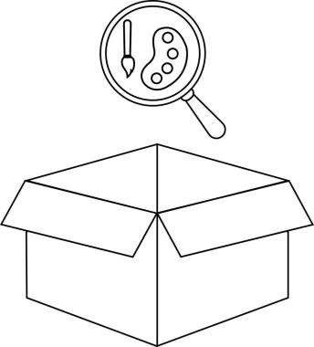 Üzerinde boya fırçası ve palet bulunan bir büyüteç simgesi olan açık bir kutunun çizgi çizimi..