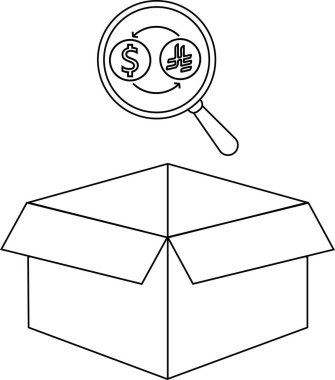 Üzerinde büyüteç olan açık bir kutu para değişimi, finansal analizi ve küresel ticareti sembolize ediyor..