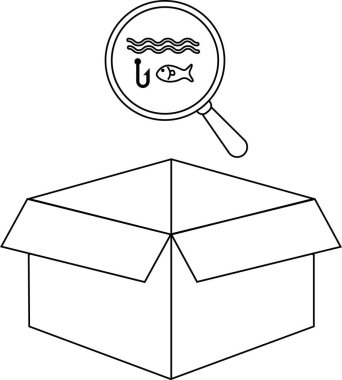 Üzerinde büyüteç olan açık bir kutunun tasviri dalgalar, bir kanca ve bir balıkla ilgili bir balıkçılık temasını gözler önüne seriyor..