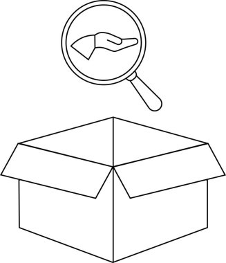 Üzerinde büyüteç olan açık bir karton kutu, bir el simgesine odaklanıyor, arama veya keşfi sembolize ediyor..