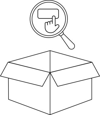 Üzerinde büyüteç asılı duran açık bir kutunun siyah beyaz çizimi, arama, keşif veya içeriklerin denetlenmesini sembolize eder..