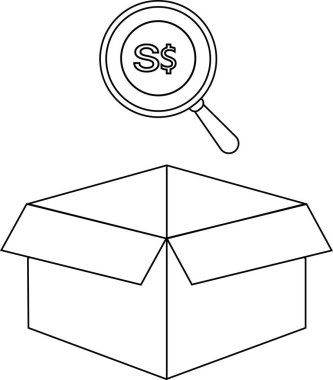Üzerinde büyüteç olan açık bir kutunun çizgi çizimi, Singapur dolar sembolünü gösteriyor, değer öneriyor ya da tasarruf arıyor..