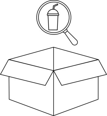 Açık bir kutunun üstündeki bir içkiye odaklanan bir büyüteç çizgisi çizimi araştırma ya da araştırmayı simgeliyor..