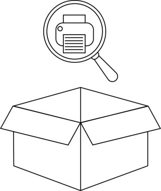 Bir yazıcı simgesi açık bir kutunun üzerinde asılı duran, yazıcı keşfini sembolize eden veya paket içinde arama yapan bir büyüteç.