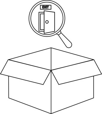 Üzerinde bir çıkış kapısı olan, çözüm arayışını sembolize eden, üzerinde büyüteç bulunan açık bir kutunun siyah beyaz çizimi.