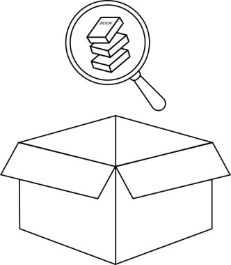 Üzerinde bir büyüteç asılı duran, bilgi ve keşif arayışını sembolize eden, kitap yığınına odaklanan, açık bir kutu tasvir eden bir çizgi.