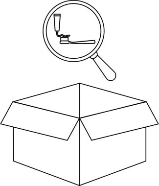 Üzerinde büyüteç olan açık bir kutunun, diş macunu ve diş fırçası tüpüne odaklanmış bir çizgisi çizimi..