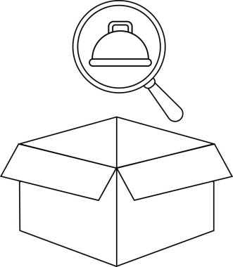 Mutfak sırlarının ve gizli tariflerin keşfedilmesini sembolize eden açık bir kutunun üzerinde asılı duran bir yemek ikonu olan bir büyüteç..