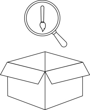 İçinde boya fırçası olan bir büyüteç açık bir kutunun üzerinde asılı durur, sanatsal araçların ve yaratıcı potansiyelin keşfini sembolize eder..