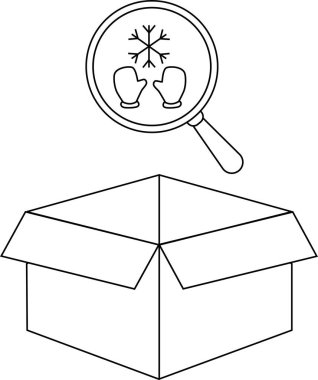 Büyüteç altında kış eşyaları olan bir kutunun siyah beyaz çizimi..