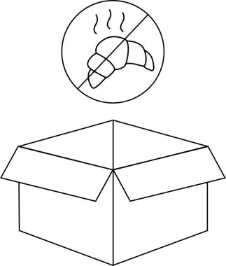 Açık bir kutunun basit bir siyah-beyaz çizimi. İçinde hiçbir fırın malına izin verilmediğini gösteren bir sembol var. Paketleme veya beslenme kısıtlamaları için ideal..