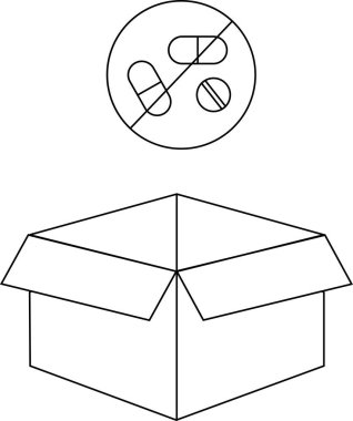 Üzerinde uyuşturucu sembolü olmayan açık bir kutunun basit bir siyah beyaz çizimi ilaç ya da madde kullanımının yasaklandığını gösteriyor..
