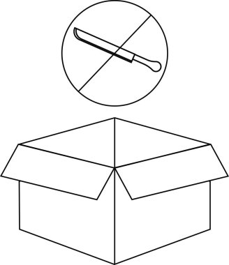 Üzerinde bıçak sembolü olmayan açık bir karton kutunun basit bir çizimi paketi açmak için bıçak kullanılmaması gerektiğini gösteriyor..