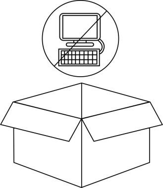 Üzerinde bilgisayar yasağı sembolü olan açık bir karton kutunun siyah-beyaz çizimi, bilgisayarların içeri girmesine izin verilmediğini gösteriyor..