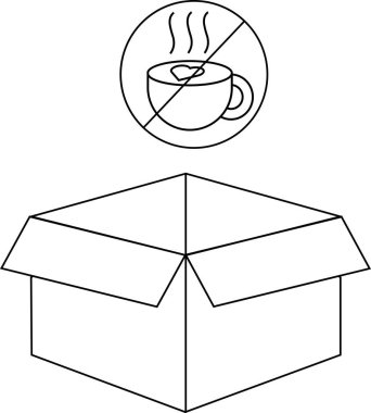 Sıcak içecekleri yasaklayan bir ikonla birleştirilmiş kırılgan ürünleri gösteren bir ambalaj sembolü, sıcaklık hassasiyeti veya sıvı hasar endişelerini ortaya koyuyor.