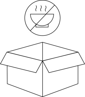 Üzerinde yasak işareti olan açık bir kutuyu gösteren basit bir çizgi çizimi, sıcak yiyeceklerin içine konmaması gerektiğini gösteriyor..