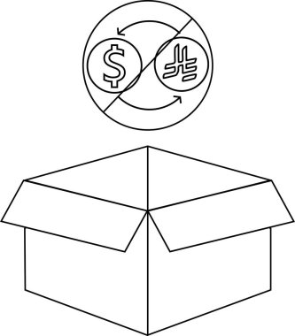 Döviz kurunun yasaklama sembolü olan bir kutu, parasal kısıtlamaları ve para birimi işlemlerindeki kısıtlamaları gösteriyor, basit bir çizgi sanat tarzında..