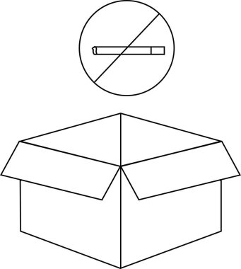 Açık bir karton kutunun üzerinde sigara içilmez tabelasının, sağlık, ambalaj ve kısıtlamaların iletildiği siyah beyaz bir illüstrasyon..