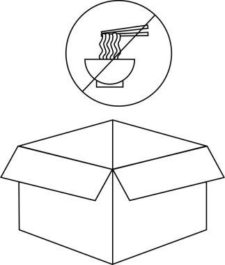Açık bir karton kutunun üzerine yerleştirilmiş çubuklu bir kase eriştenin üzerinde yasak işareti olan siyah beyaz bir illüstrasyon..