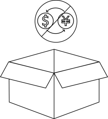 Üzerinde döviz döviz yasağı sembolü bulunan açık bir kutu tasviri, mali işlemler veya ticari işlemler üzerindeki kısıtlamaları gösteriyor.
