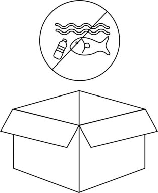 Üzerinde su kirliliğini göstermeyen bir sembol bulunan açık bir karton kutuda balık ve şişe yer alıyor..