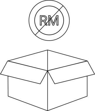 Üzerinde RM harfleri yazılı bir daire olan açık bir karton kutunun siyah beyaz çizimi..
