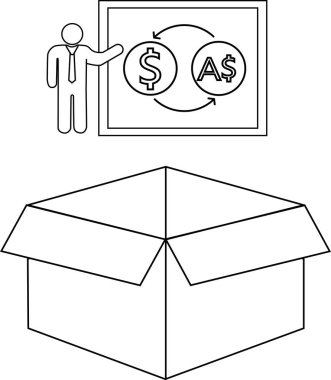 Açık bir kutu, döviz kuruyla ilgili bir sunum ve sunuma işaret eden bir iş figürü içeren bir çizgi çizimi.