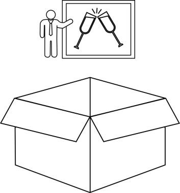 Üzerinde tost bardakları olan bir kutu ve resmi sunan bir çöp adam gösterilir..
