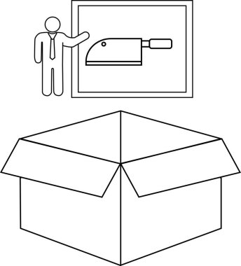 Bir kişinin et satırı ürününü bir kutu içinde nakliyeye hazır halde sunuşunu gösteren kavramsal bir çizim..