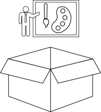 Sanat malzemelerinin açık bir kutuda sunulduğunu tasvir eden kavramsal bir çizim yaratıcılığı ve sanatsal ifadeyi simgeliyor..