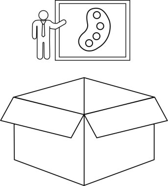 Sanatı açık bir karton kutunun üstünde sunan bir kişinin, yaratıcılığı, ambalajı veya sanatsal ifadeyi simgelediği kavramsal bir illüstrasyon.