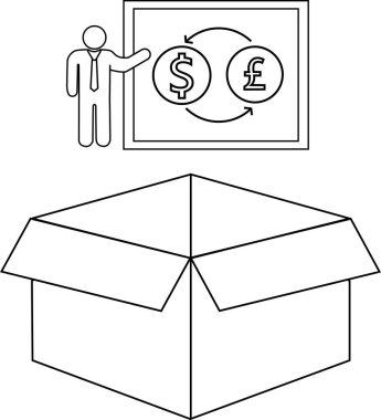 Açık bir kutunun üzerinde döviz kurları sunan bir kişinin çizgi çizimi, finansal kavramları ve ticareti sembolize ediyor..