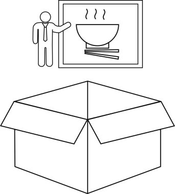 Bir çizim, bir kişinin bir yemek teslimat servisi için bir tabela sunduğunu gösteriyor..