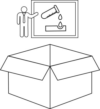 Açık bir kutunun yanında, eğitimleri ve ambalajları sembolize eden aşındırıcı bir madde uyarısı gösteren siyah beyaz bir illüstrasyon..