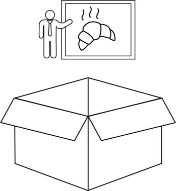 Çubuk bir figür, açık bir kutunun üzerinde kruvasan bir görüntü sunar, bir iş konseptini ya da ürün tanıtımını sembolize eder..